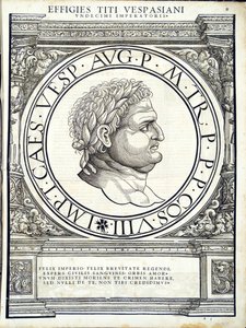 Titus Vespasianus, illustratie uit Imperatorum romanorum omnium orientalium et occidentalium verissimae imagines ex antiquis numismatis, houtsnede door Rudolph Wyssenbach, gedrukt door Andreas Gesner, Zürich door Hans Rudolf Manuel Deutsch